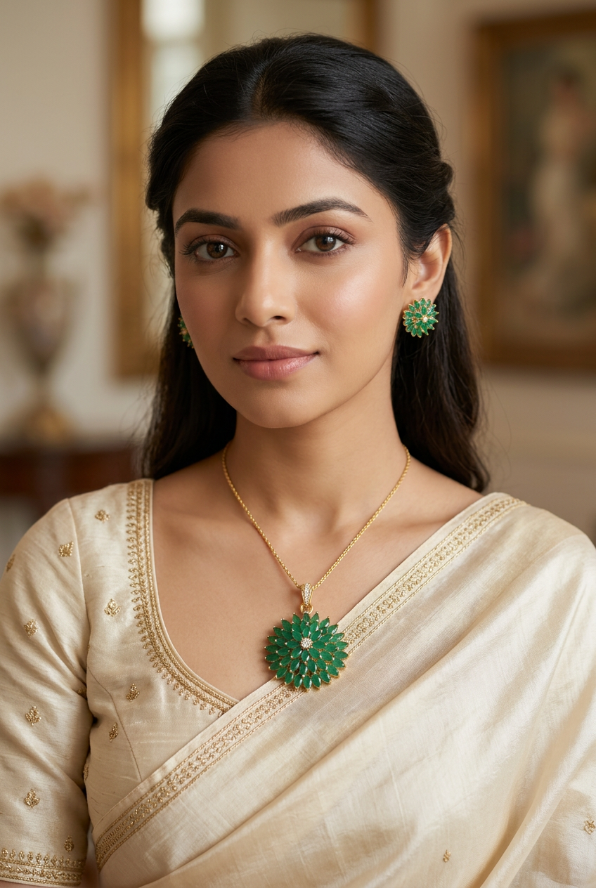 Elegant Green Stone Sunburst Floral Pendant Set – Gold Finish Flower Pendant with Matching Stud Earrings
