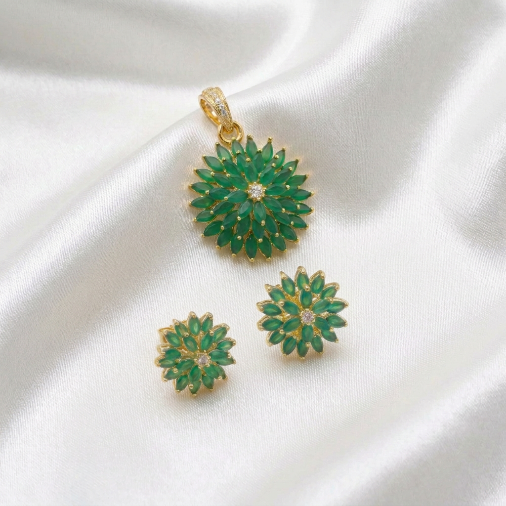 Elegant Green Stone Sunburst Floral Pendant Set – Gold Finish Flower Pendant with Matching Stud Earrings