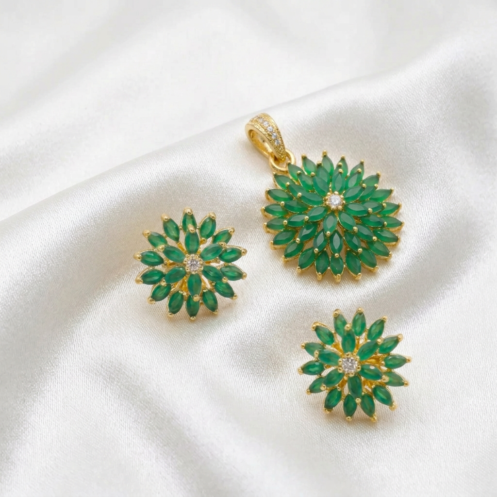 Elegant Green Stone Sunburst Floral Pendant Set – Gold Finish Flower Pendant with Matching Stud Earrings