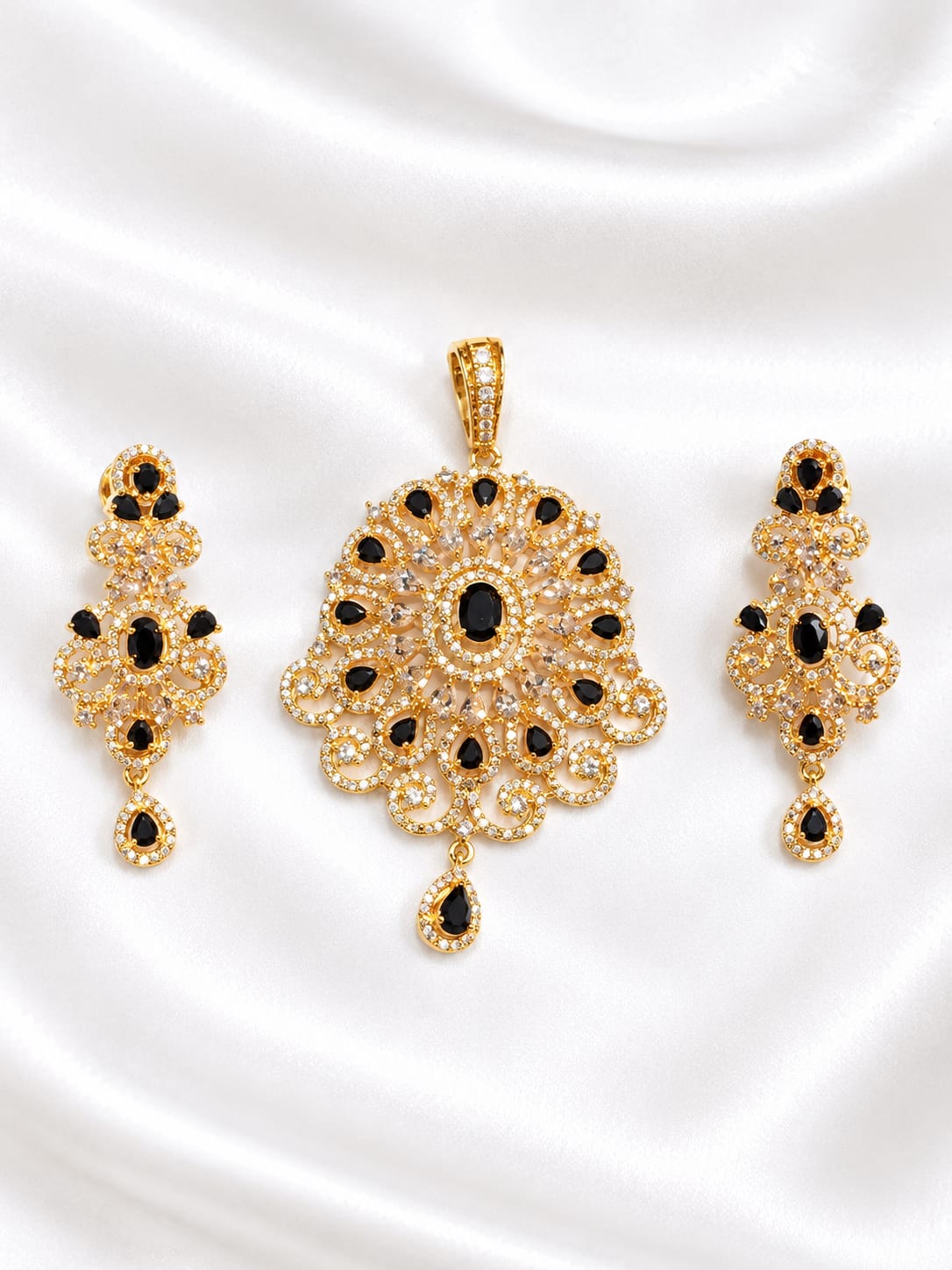 Gold Plated Black Stone Pendant and Earring Set – Traditional Bridal Jewelry