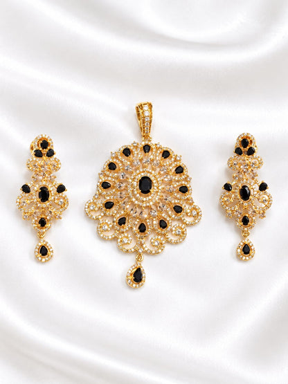 Gold Plated Black Stone Pendant and Earring Set – Traditional Bridal Jewelry