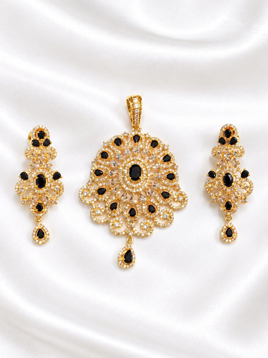 Gold Plated Black Stone Pendant and Earring Set – Traditional Bridal Jewelry