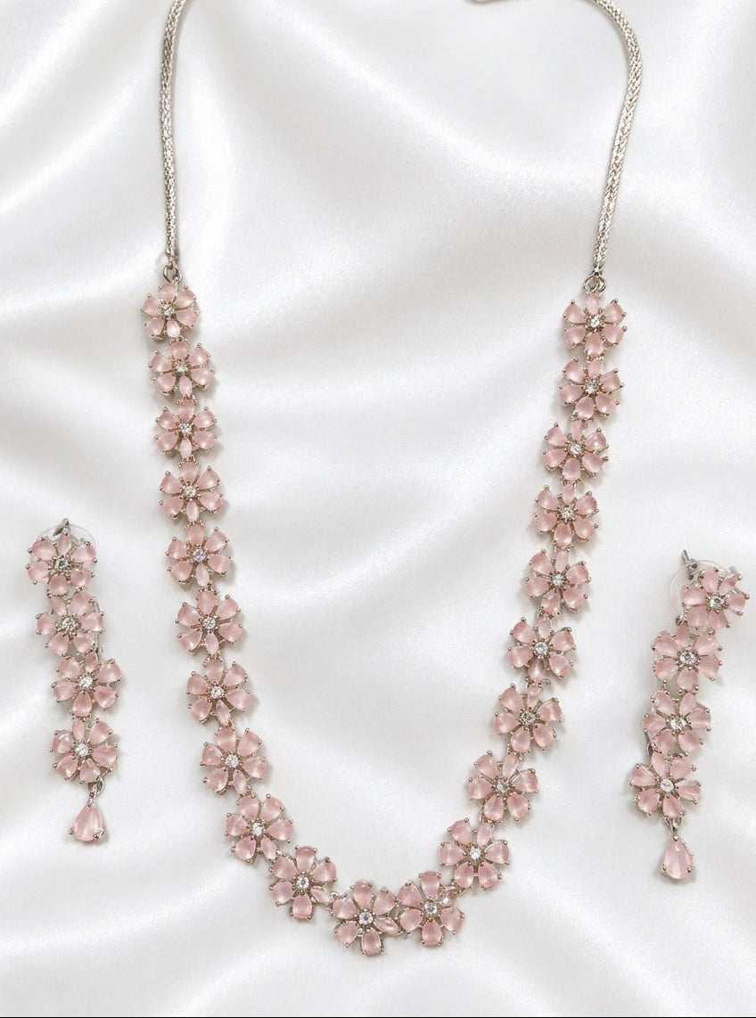 Elegant Blush Pink Gemstone Flower Necklace & Drop Earrings Set | Pastel Floral Statement Jewelry