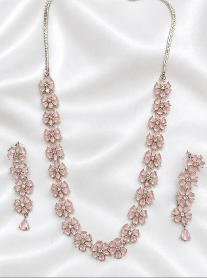 Elegant Blush Pink Gemstone Flower Necklace & Drop Earrings Set | Pastel Floral Statement Jewelry
