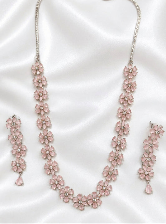 Elegant Blush Pink Gemstone Flower Necklace & Drop Earrings Set | Pastel Floral Statement Jewelry
