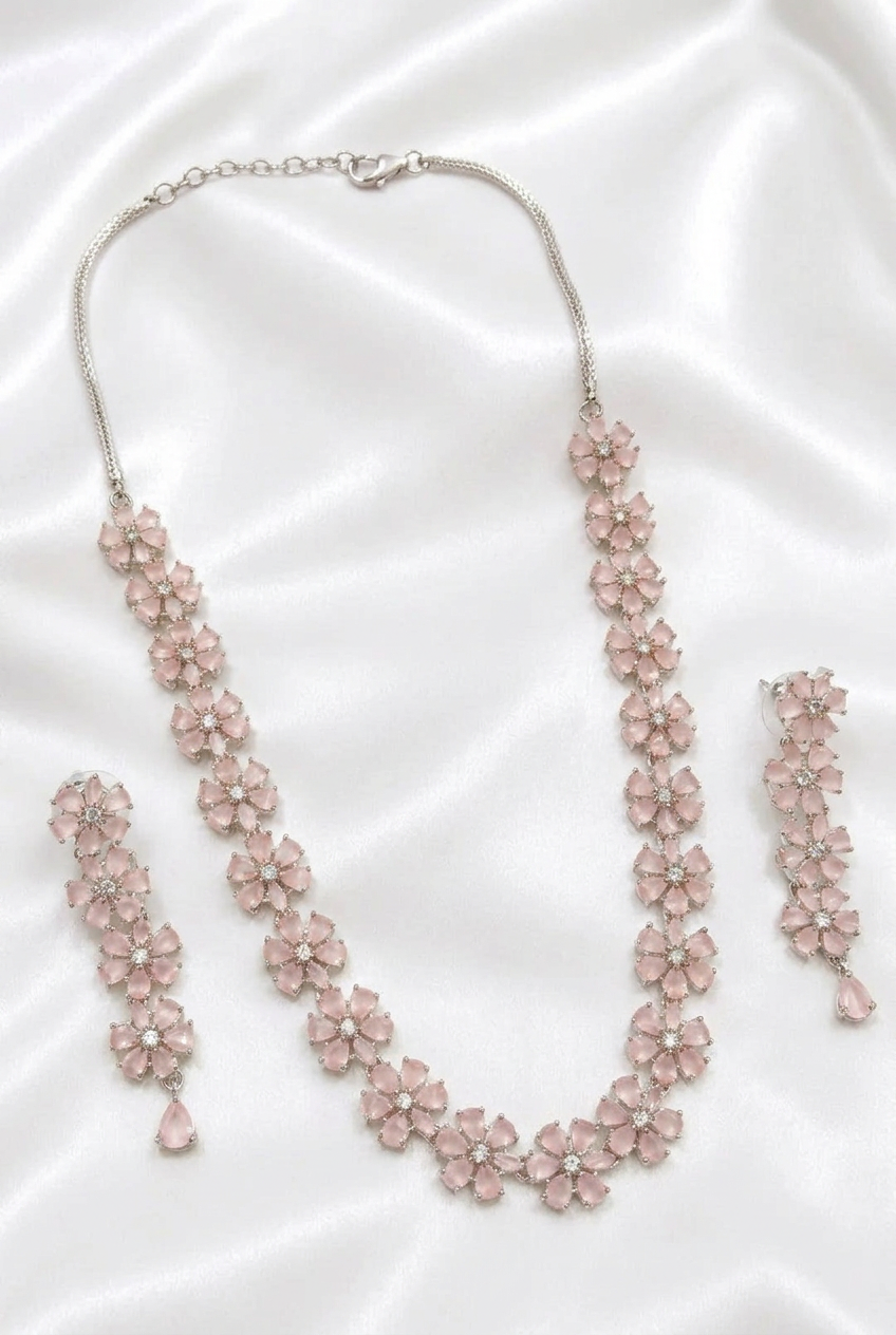 Elegant Blush Pink Gemstone Flower Necklace & Drop Earrings Set | Pastel Floral Statement Jewelry