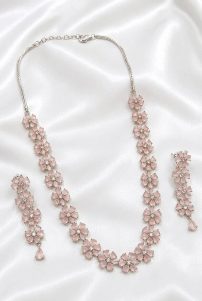 Elegant Blush Pink Gemstone Flower Necklace & Drop Earrings Set | Pastel Floral Statement Jewelry