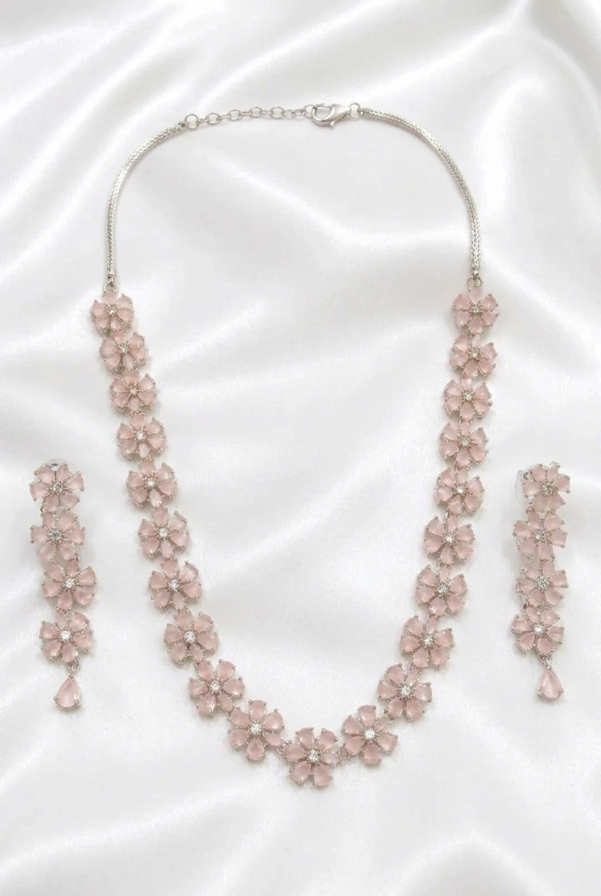 Elegant Blush Pink Gemstone Flower Necklace & Drop Earrings Set | Pastel Floral Statement Jewelry