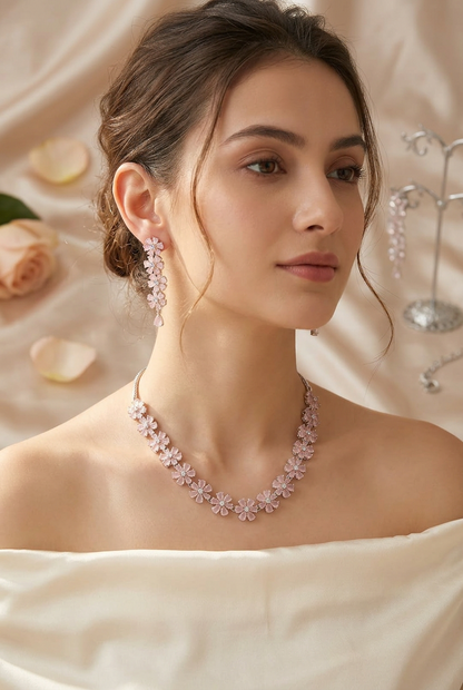 Elegant Blush Pink Gemstone Flower Necklace & Drop Earrings Set | Pastel Floral Statement Jewelry