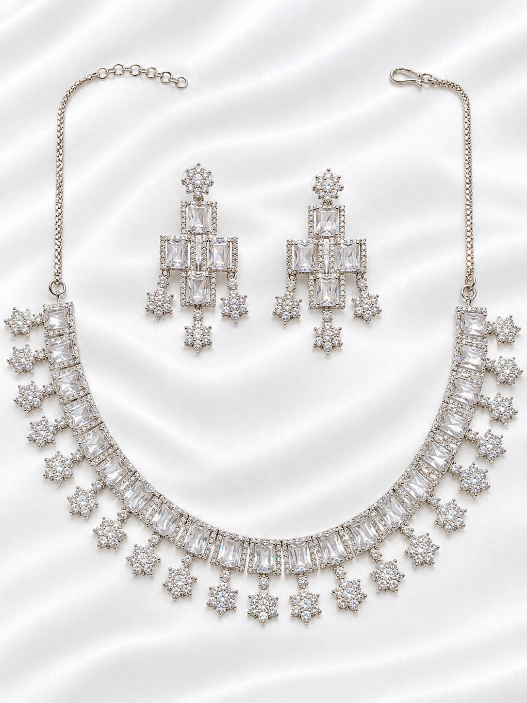 Elegant Silver-Tone CZ Stone Necklace Set with Matching Dangle Earrings