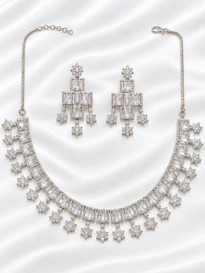 Elegant Silver-Tone CZ Stone Necklace Set with Matching Dangle Earrings