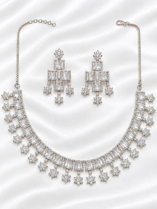 Elegant Silver-Tone CZ Stone Necklace Set with Matching Dangle Earrings