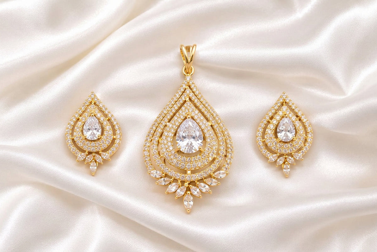 Dazzling Clear CZ Teardrop Pendant and Stud Earring Set | Gold Finish American Diamond Statement Jewelry