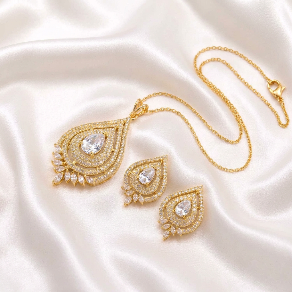 Dazzling Clear CZ Teardrop Pendant and Stud Earring Set | Gold Finish American Diamond Statement Jewelry