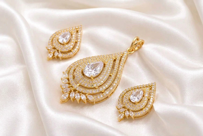 Dazzling Clear CZ Teardrop Pendant and Stud Earring Set | Gold Finish American Diamond Statement Jewelry