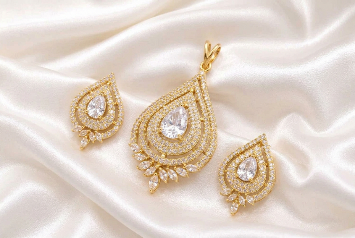 Dazzling Clear CZ Teardrop Pendant and Stud Earring Set | Gold Finish American Diamond Statement Jewelry