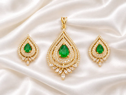 Gold Plated Teardrop Emerald Green & White CZ Pendant Set with Matching Earrings | Pear Cut Gemstone Jewelry