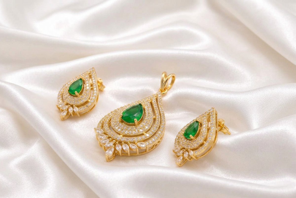 Gold Plated Teardrop Emerald Green & White CZ Pendant Set with Matching Earrings | Pear Cut Gemstone Jewelry