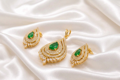 Gold Plated Teardrop Emerald Green & White CZ Pendant Set with Matching Earrings | Pear Cut Gemstone Jewelry
