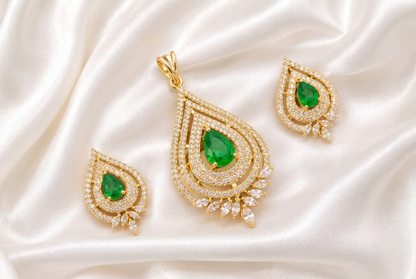 Gold Plated Teardrop Emerald Green & White CZ Pendant Set with Matching Earrings | Pear Cut Gemstone Jewelry