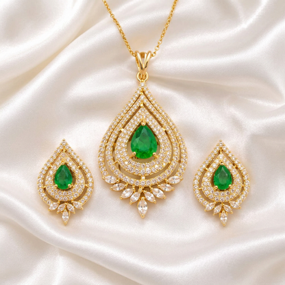 Gold Plated Teardrop Emerald Green & White CZ Pendant Set with Matching Earrings | Pear Cut Gemstone Jewelry