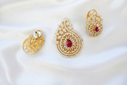 Luxury Gold-Tone Ruby and White Cubic Zirconia Pendant Set with Dual Closure Earrings