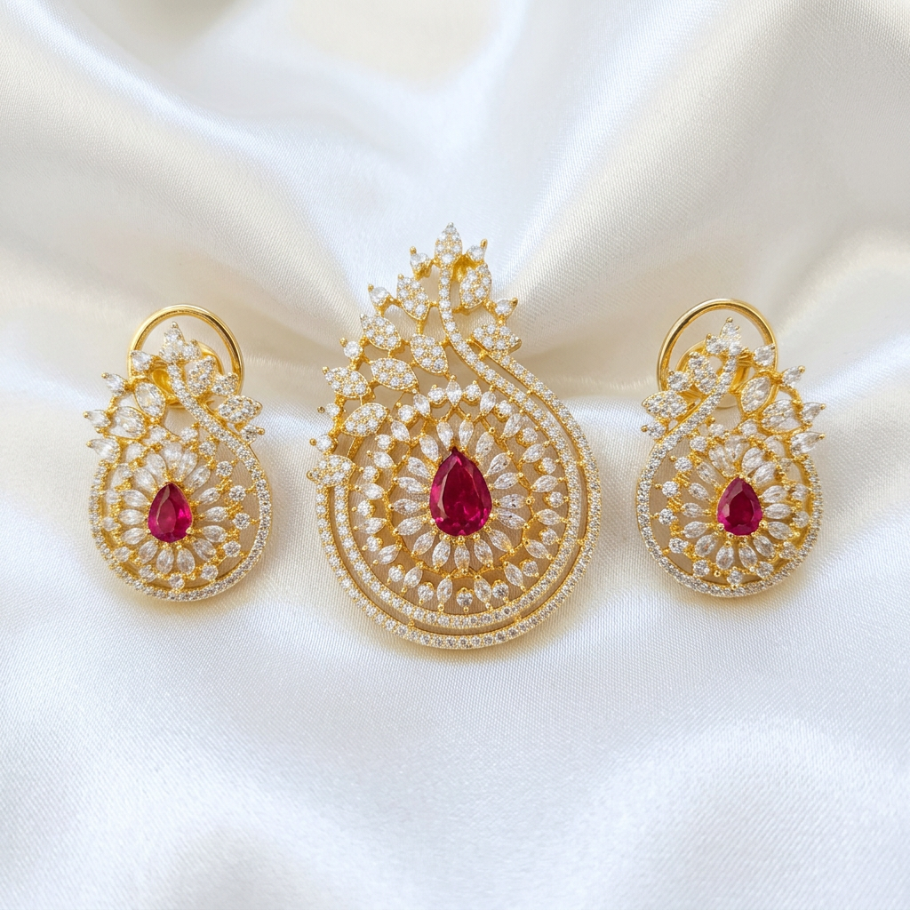 Luxury Gold-Tone Ruby and White Cubic Zirconia Pendant Set with Dual Closure Earrings