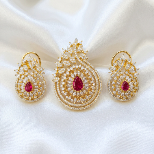 Luxury Gold-Tone Ruby and White Cubic Zirconia Pendant Set with Dual Closure Earrings