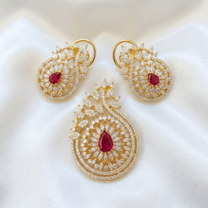 Luxury Gold-Tone Ruby and White Cubic Zirconia Pendant Set with Dual Closure Earrings