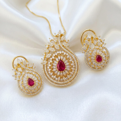 Luxury Gold-Tone Ruby and White Cubic Zirconia Pendant Set with Dual Closure Earrings