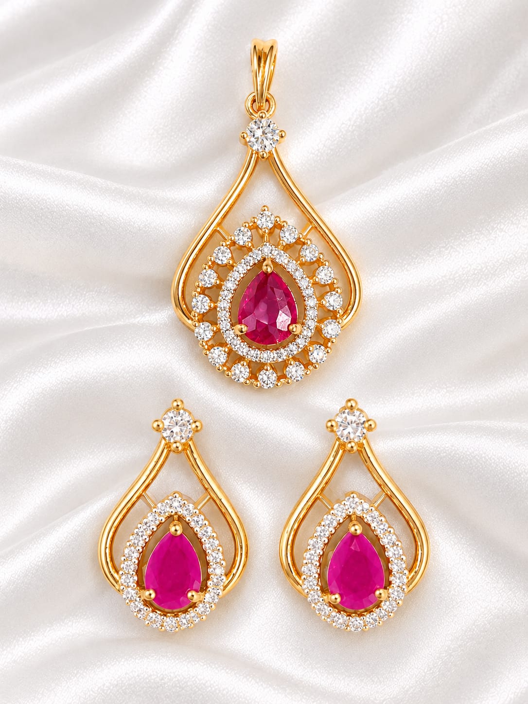 Elegant Pear-Cut Ruby and American Diamond Teardrop Pendant & Earring Set