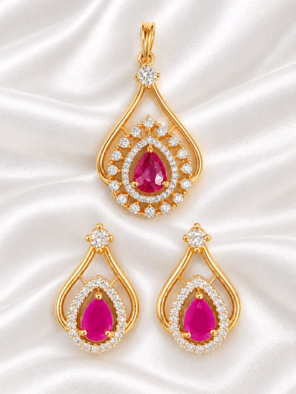 Elegant Pear-Cut Ruby and American Diamond Teardrop Pendant & Earring Set