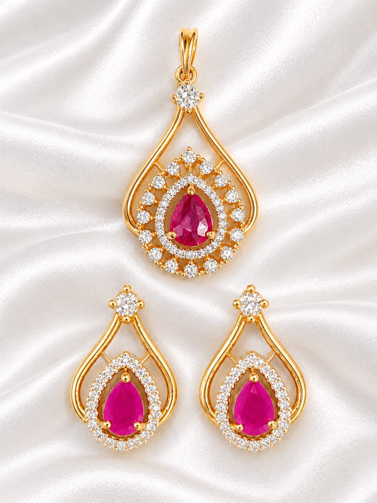 Elegant Pear-Cut Ruby and American Diamond Teardrop Pendant & Earring Set