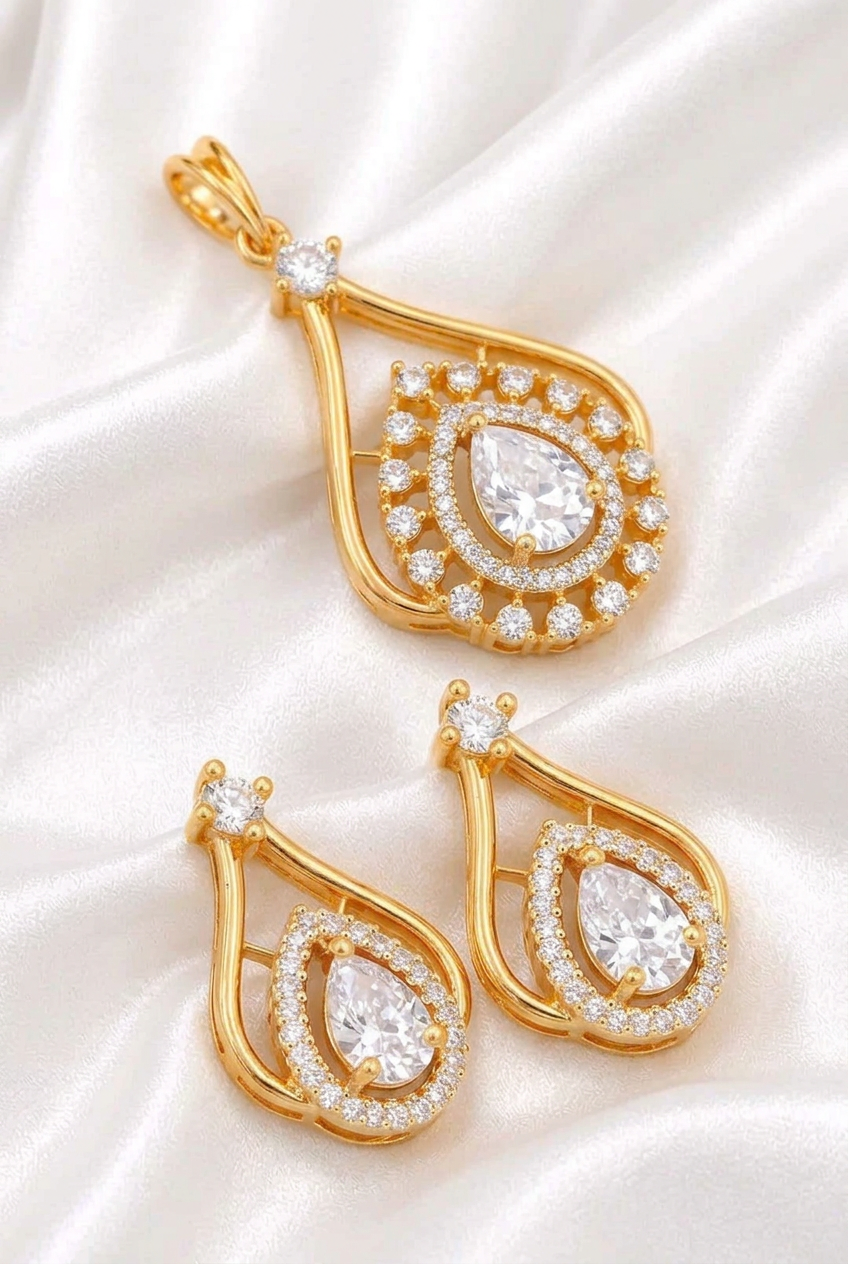 Elegant Pear-Cut American Diamond Teardrop Pendant & Earring Set
