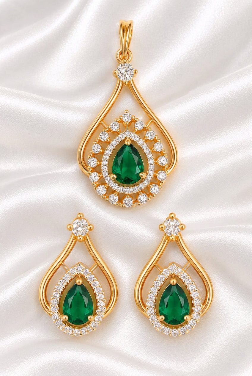 Elegant Pear-Cut Emerald and American Diamond Teardrop Pendant & Earring Set