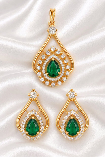 Elegant Pear-Cut Emerald and American Diamond Teardrop Pendant & Earring Set