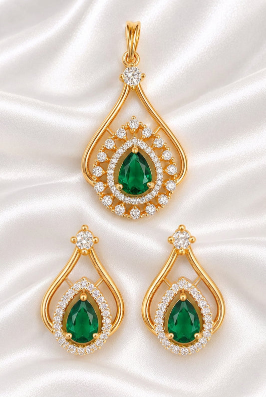 Elegant Pear-Cut Emerald and American Diamond Teardrop Pendant & Earring Set