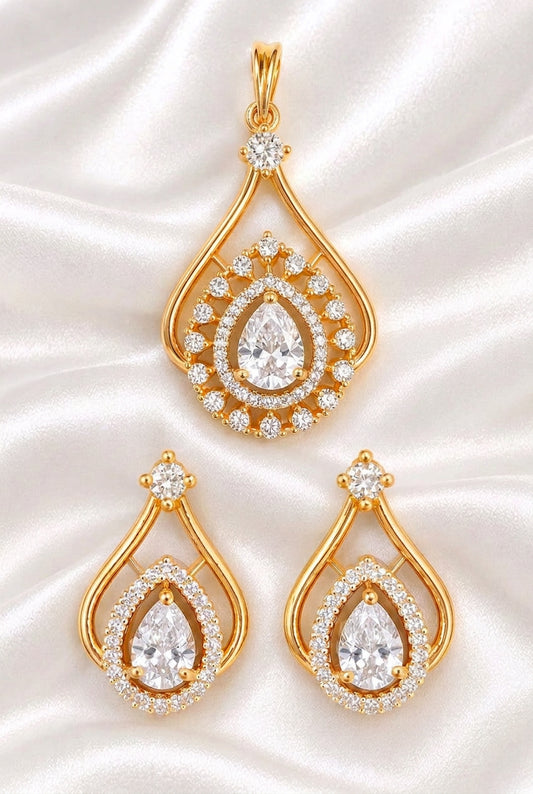 Elegant Pear-Cut American Diamond Teardrop Pendant & Earring Set