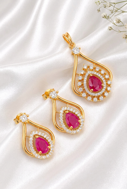 Elegant Pear-Cut Ruby and American Diamond Teardrop Pendant & Earring Set