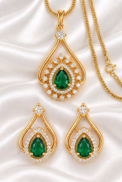 Elegant Pear-Cut Emerald and American Diamond Teardrop Pendant & Earring Set