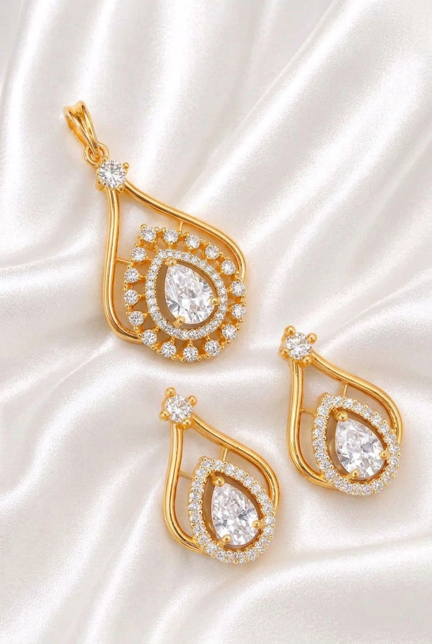 Elegant Pear-Cut American Diamond Teardrop Pendant & Earring Set