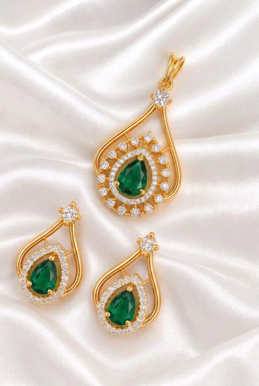 Elegant Pear-Cut Emerald and American Diamond Teardrop Pendant & Earring Set