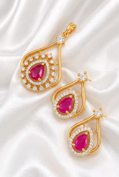 Elegant Pear-Cut Ruby and American Diamond Teardrop Pendant & Earring Set