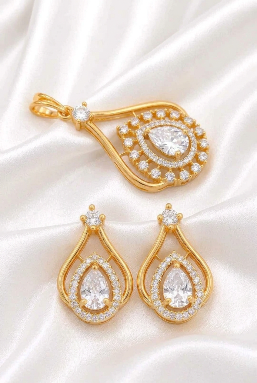 Elegant Pear-Cut American Diamond Teardrop Pendant & Earring Set