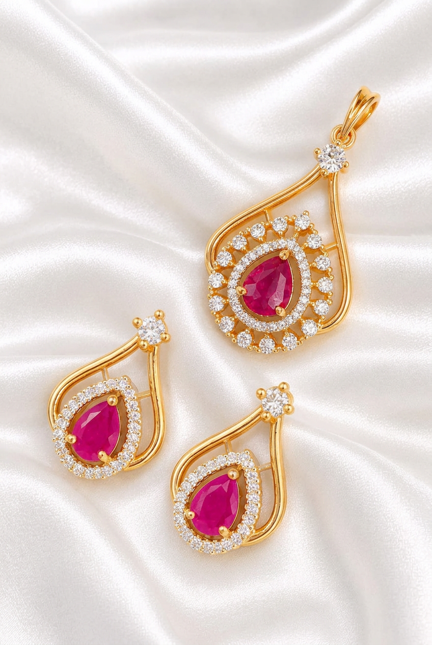 Elegant Pear-Cut Ruby and American Diamond Teardrop Pendant & Earring Set