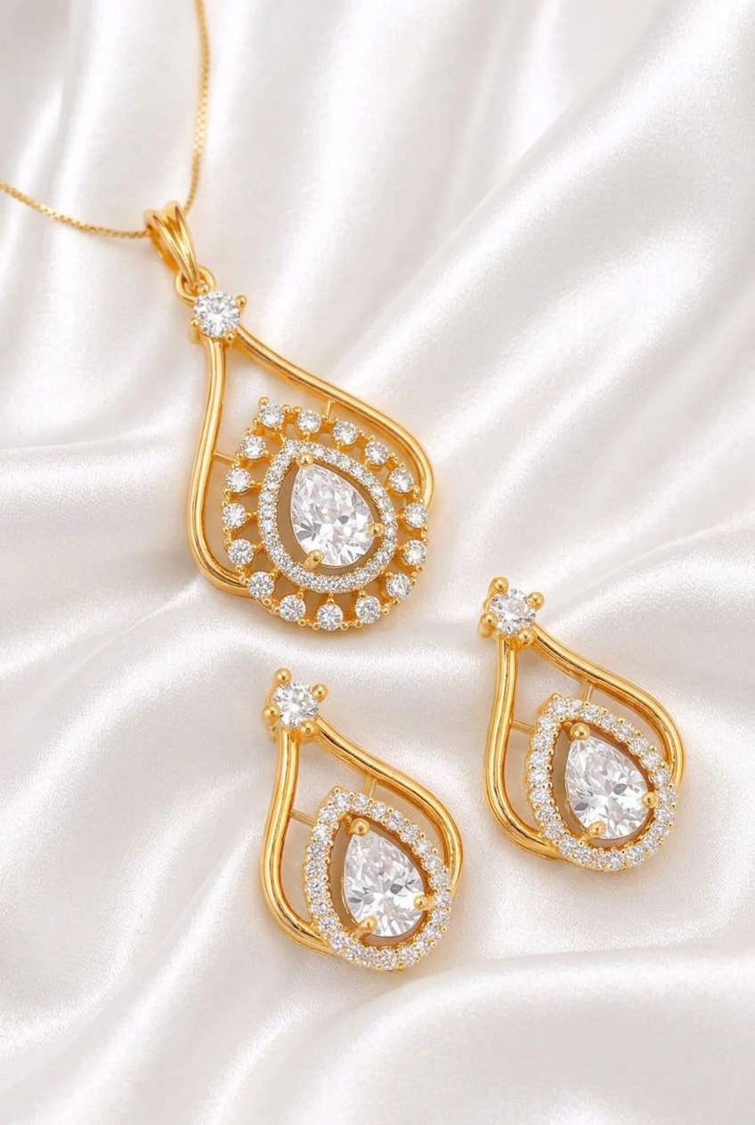 Elegant Pear-Cut American Diamond Teardrop Pendant & Earring Set