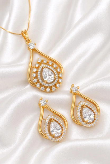 Elegant Pear-Cut American Diamond Teardrop Pendant & Earring Set