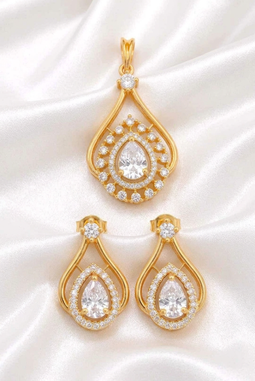 Elegant Pear-Cut American Diamond Teardrop Pendant & Earring Set