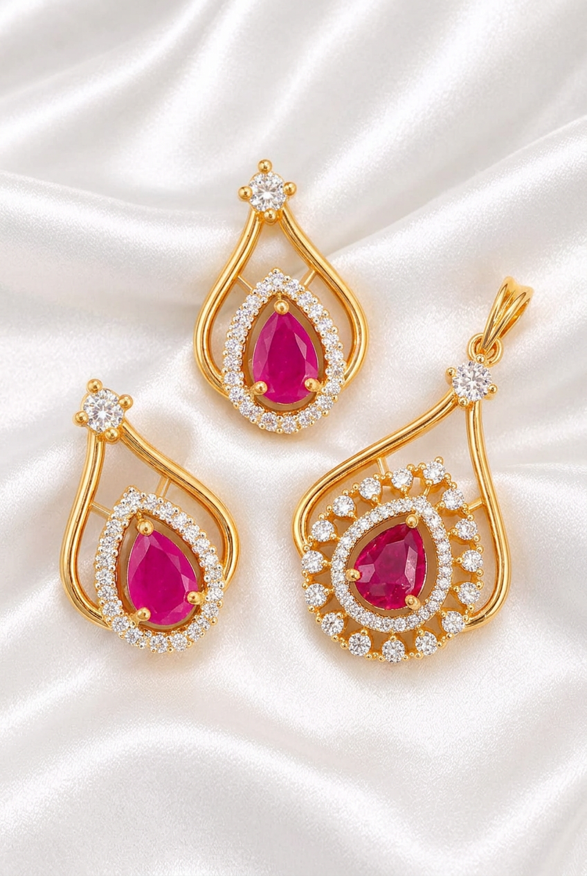 Elegant Pear-Cut Ruby and American Diamond Teardrop Pendant & Earring Set