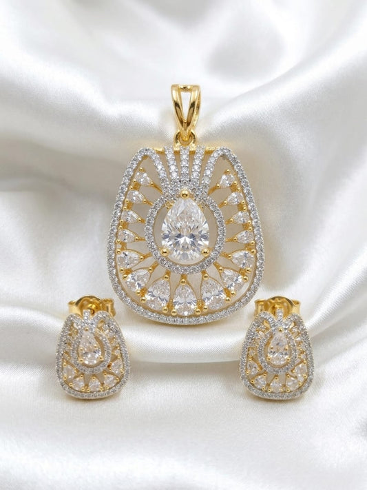 Gold-Plated CZ Pendant Set with Matching Earrings – Elegant Teardrop Design